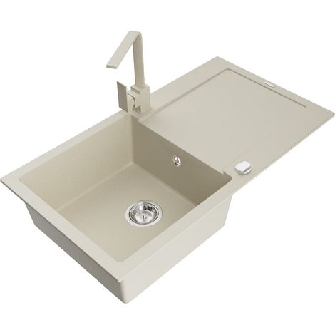 Mexen Leo lavello cucina in granito a 1 vasca con scolapiatti e rubinetto cucina Rita, beige - 6501-69-670300-69