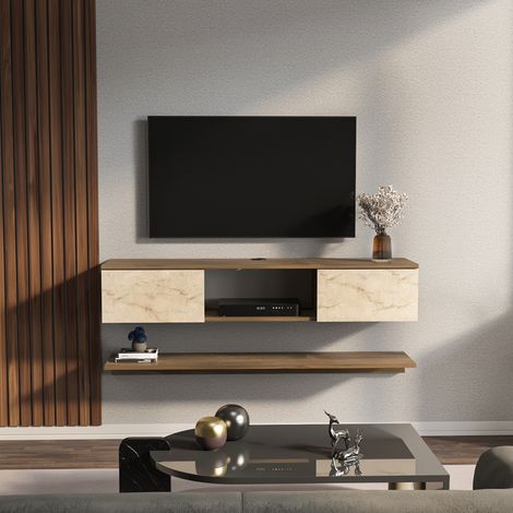 Meuble tv mural elia flottant 140 cm - armoires - passe-cable - étagère murale incluse (Noyer et Travertine) (1/2)