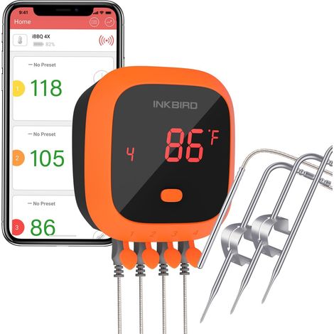 Thermomètre de Cuisine INKBIRD IBT-4XC Thermometre à Viande Thermomètre BBQ Bluetooth Avec 4 Sondes Rechargeable Étanche Magnétique