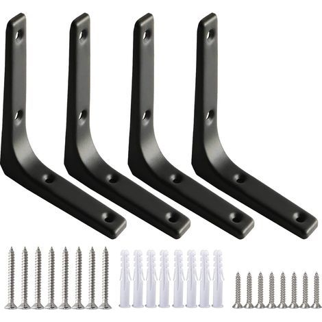 4Pcs Equerre Etagere Murale Noire Equerre Charge Lourde Equerre Fixation 100 x 100mm Support d'Étagère en L Robuste Épaisseur 7,5mm avec Vis pour Étagère Suspendus Placard Déco(Acier) (1/5)