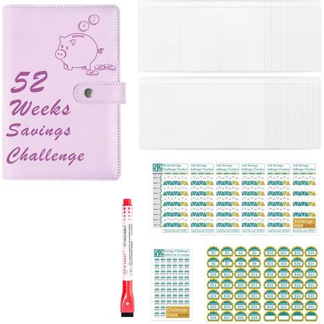 Classeur Budget 52 Semaines avec Feuilles Rechargeables et Tableau, Organiseur d’Épargne Rose Motif Cochon (1/5)