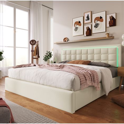 Letto matrimoniale contenitore 160x200 cm in pelle sintetica bianca con LED e materasso - CHICFURN (1/5)