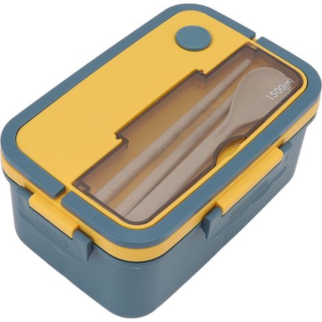 Boîte à lunch de 1500 ml en plastique résistant à la chaleur, type bento, avec baguettes et cuillère, idéale pour les étudiants (bleu). (1/5)