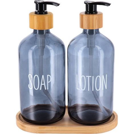 Set di 3 accessori composto da 2 vaschi in vetro da 500 ml e 1 vassoio in bambù - blu - Tendance (1/3)