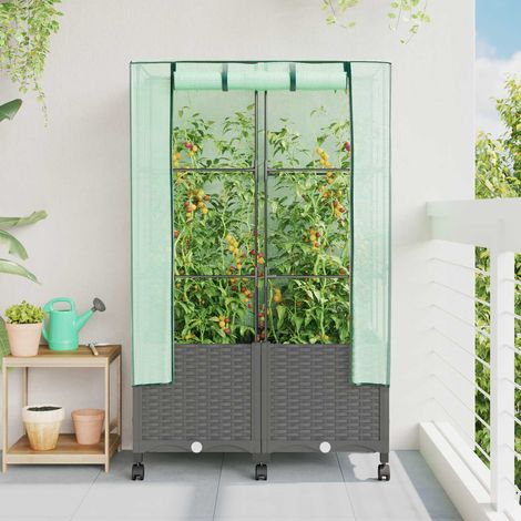 vidaXL Jardinière de jardin avec couverture de serre et roues 2 pc PP (1/5)
