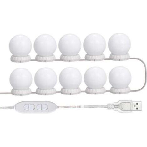 Kit D'Eclairage Miroir Led Pour Coiffeuse, Avec 10 Ampoules Reglables, 10 Luminosite Et 3 Modes D'Eclairage, Type Usb, Blanc - Blanc- (1/5)