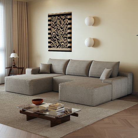 Divano angolare modulare da 270 cm con chaise longue dritta, non richiede montaggio, seduta profonda, velluto a coste color cammello (1/5)