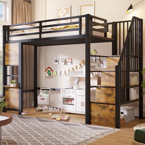 Cama alta 90x200 cm de metal y MDF, con escalera con almacenaje, barrera de seguridad, espacio libre inferior y estante lateral, negra - CHICFURN (1/5)