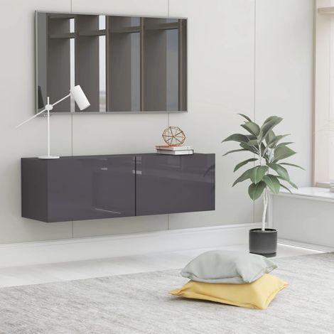 Meuble TV 2 Tiroirs : 100 X 30 X 30 Couleur Gris Brillant. A suspendre au mur (1/5)