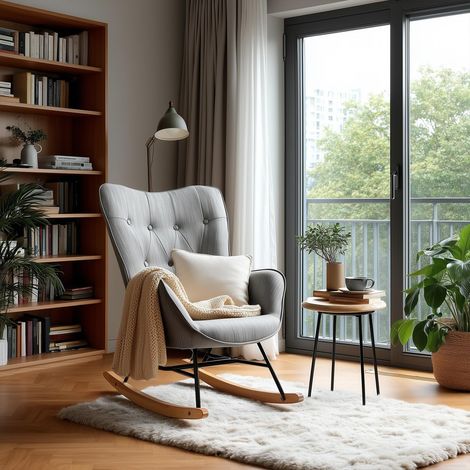 Meuble Cosy Fauteuil de Relaxation, Rocking Chair Confortable, Chaise à Bascule pour Salon en Tissu avec Pieds Bois et Métal, Décor de Boutons (1/5)