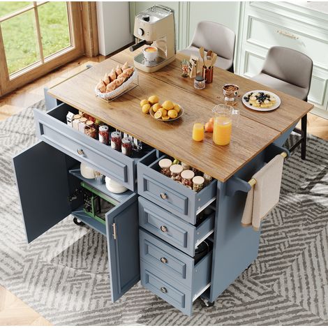 MEUBLIV Kücheninsel 110x45-75x92 cm blau – Klappplatte, Stauraum, 2 Pakete (1/5)