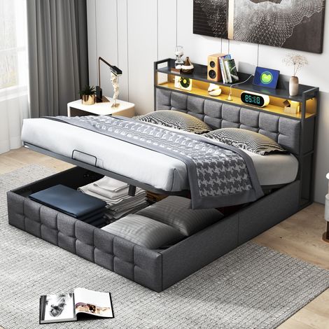Letto contenitore 160x200 cm con illuminazione LED - funzione di ricarica USB - divisori contenitori - contenitore idraulico - biancheria - rete a doghe - Grigio
