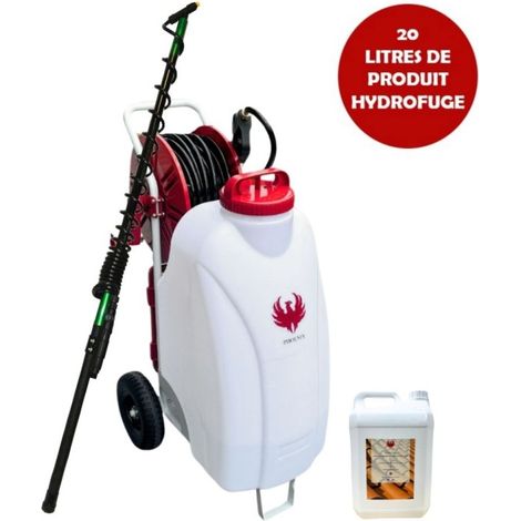 Phoenix – Pulvérisateur électrique 45L 6 bars – Débit 270 L/h – Tuyau 30m – Lance inox 40cm – Pack avec perche télescopique 5,4m et produit hydrofuge 20L