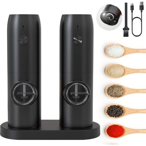 Moulin à Poivre Électrique Rechargeable, Moulins Sel Poivre Automatique avec Lumière LED Blanche, Grossièreté Réglable, Opération à Une Main, Idéal pour Cuisine, Restaurant, BBQ, 2PCS (1/5)