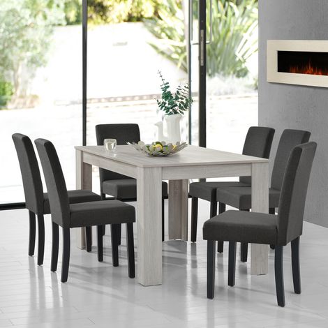 Set de comedor Kramfors mesa con 6 sillas rústico MDF textil 140 x 90 x 77 cm - Roble blanco y Gris oscuro [en.casa] (1/5)