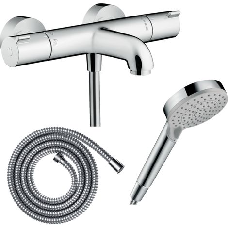 Pack mitigeur bain thermostatique HANSGROHE Ecostat 1001CL + Flexible Metaflex + Pommeau Vernis Blend 100 EcoSmart 2jets chromé