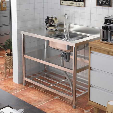 Silver Stainless Steel Kitchen One Compartment Sink with Shelves (1/5)