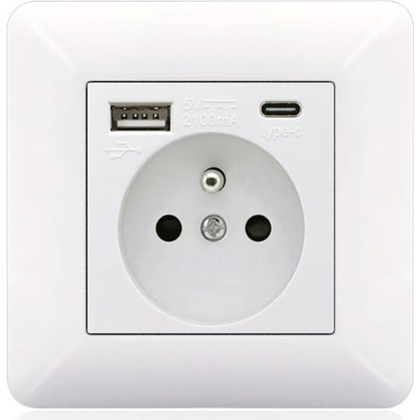 Sjqka – Panneau de prises Type-C et USB 16A – 2 prises – 1 port USB – 1 port Type-C – Installation horizontale ou verticale – Design moderne blanc