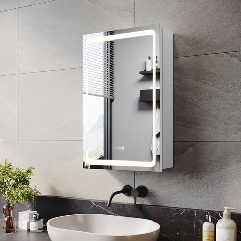 ELEGANT Bathroom Mirror Cabinet LED Illuminated with Shaver Socket, 3 Lights Changing Modes, Wireless Hinge Design, Single Door 380x600mm (1/5)