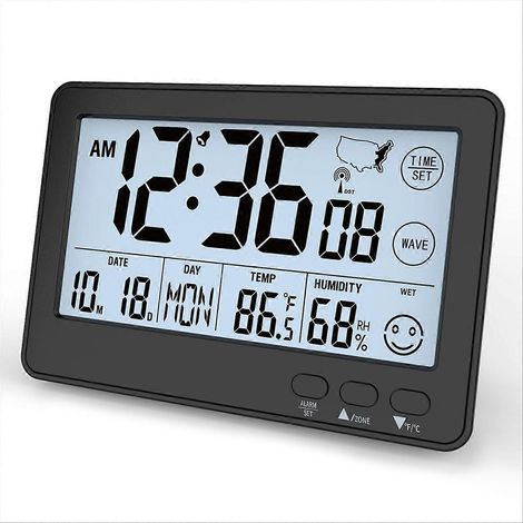 Petite horloge de bureau numérique à réglage automatique avec affichage de la température, de l'humidité et de la date, réveil pour chambre ou bureau. (1/5)