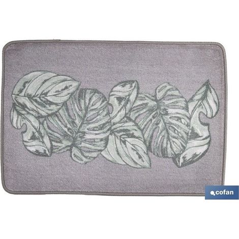 Tapis d'entrée avec impression numérique de feuilles tropicales 50x70cm en polyester et PVC en gris et vert (1/4)