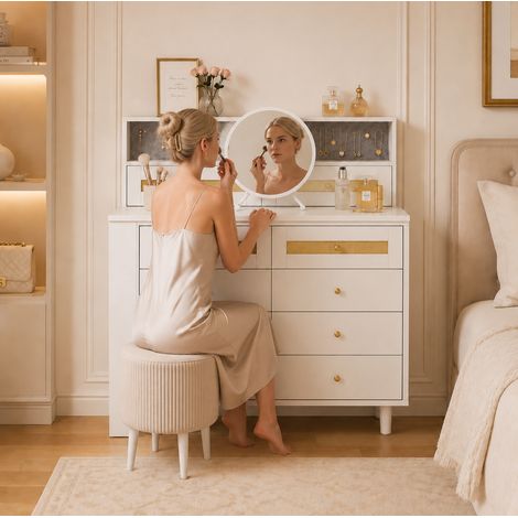 Toeletta con armadietto portagioie, 10 cassetti, piano in vetro e decoro rattan, bianca (1/5)