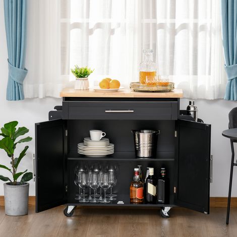 HOMCOM Küchenwagen mit Schranktüren, verstellbarem Einlegeboden, Schublade, Reling und Gewürzregal, mobiles Sideboard mit Rollen für das Esszimmer, 109 x 40 x 89 cm, Schwarz