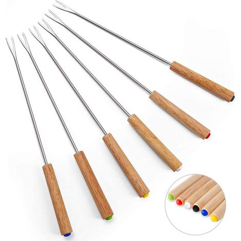 Ensemble de 6 fourchettes à fondue en acier inoxydable, bâtonnets à fondue au fromage de 9,5 pouces avec manche en bois, fondue au fromage, guimauve rôtie, fruits (1/5)
