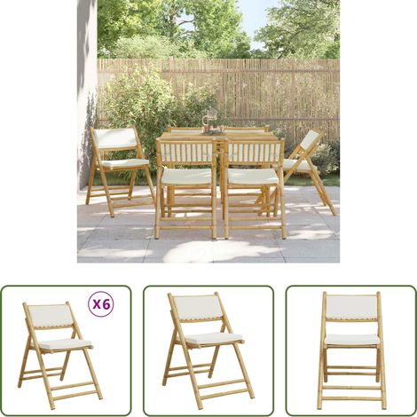 Chaise en bambou - Chaises de bistro pliantes lot de 6 et coussins blanc crème (1/5)