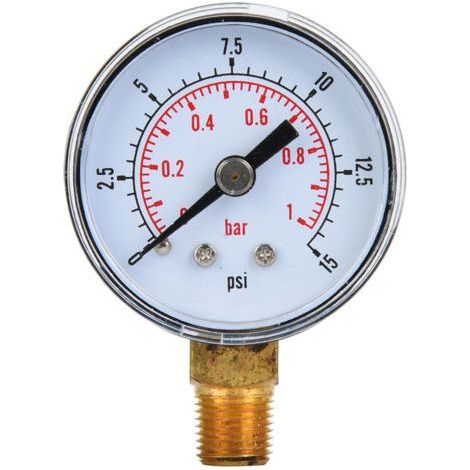 Manomètre mécanique 1/8" BSPT, raccord inférieur pour air, huile, eau (0-15 psi, 0-1 bar) (1/5)