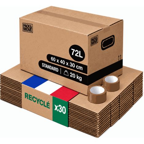 Pack and Move - Lot 30 Cartons Déménagement Stockage M - 60 x 40 x 30 cm - Poignées renforcées - 2 adhésifs offerts (1/5)