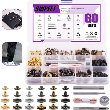 Kit de 65 boutons-pression en cuir de 12,5 mm, comprenant 6 couleurs 60 rivets en cuir avec 4 outils de fixation et ruban à mesurer souple, boutons pression en métal et cuir pour vêtements (1/5)