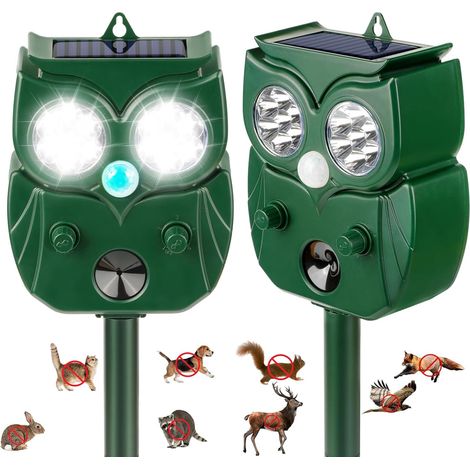 Lot de 2 répulsifs ultrasoniques pour animaux (modèle 2026) : répulsifs solaires à déclenchement par mouvement pour effrayer chats, écureuils, lapins, ratons laveurs et mouffettes, avec lumières LED c (1/5)