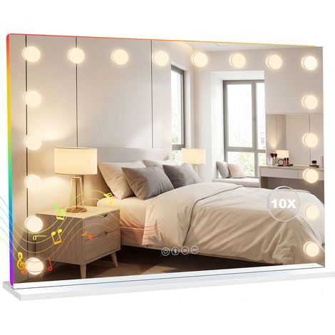 Miroir de Maquillage Hollywood 18 Ampoules LED 3 Couleurs Lumière RGB Haut-Parleur Bluetooth Miroir x10 Blanc (1/5)