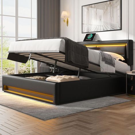 Cama tapizada 160x200 cm negra en PU con LED, carga USB e inalámbrica y espacio de almacenaje (1/5)