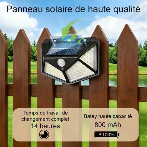 Hqynss Lot de 4 Lampe Solaire Extérieur avec Détecteur de Mouvement, 100 LED Lumiere Solaire Exterieur IP65 Etanche éclairage, Spot Solaire Extérieur pour Jardin, 3 Modes, Angle 270°, Batterie 800mAh (1/4)