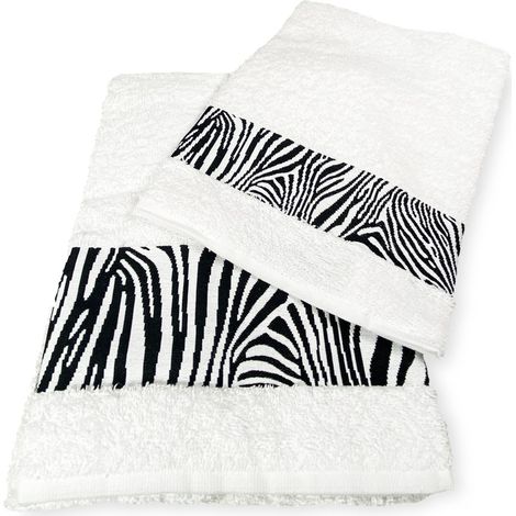 SET ASCIUGAMANI spugna JACQUARD 1+1 VISO e ospite ZEBRATO bianco e SACCO WASHY (1/4)