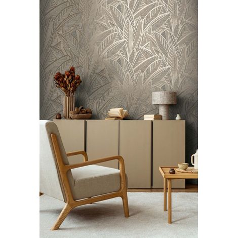 Papier peint feuille abstraite 53cm x 10,05m – Lessivable, strippable – Motif art déco, couleurs beige et doré – 399332