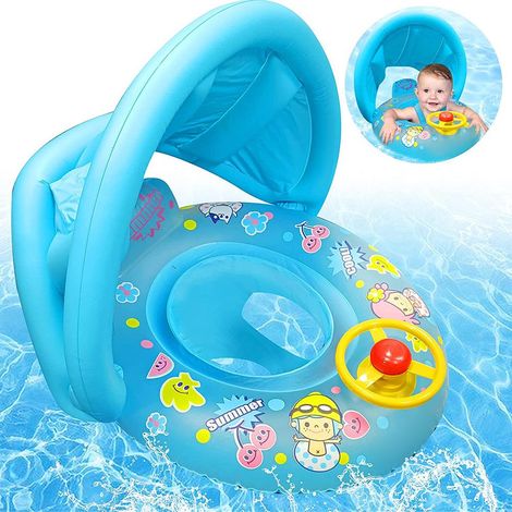 Bouée gonflable pour bébé avec protection solaire, bouée pour bébé, aide à la natation gonflable pour bébé, bouée pour enfants avec volant et auvent (1/5)