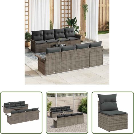 Poly-Rattan - Gartensofa-set mit Kissen 9 pcs Grau Poly-Rattan (1/5)