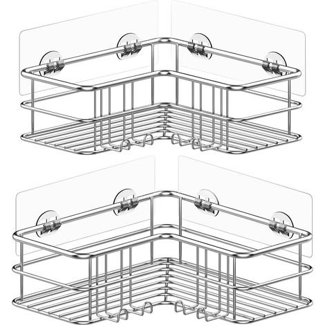 Juego de 2 estantes de esquina plateados para ducha con ganchos, de acero inoxidable, no requieren perforación, soporte de pared para baño (1/5)