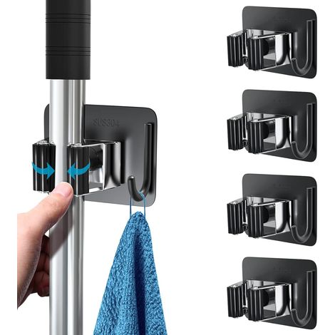 4 pezzi Porta mocio in acciaio inox, gancio per mocio autoadesivo da parete senza foratura, porta mocio con ganci per cucina, bagno, giardino, nero (1/4)