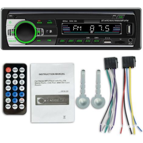 Autoradio Bluetooth, récepteur autoradio 1 DIN avec lecteur MP3, télécommande WMA FM, deux ports USB, stéréo mains libres 4 x 60 W, compatible iOS, Android (non RDS/CD)