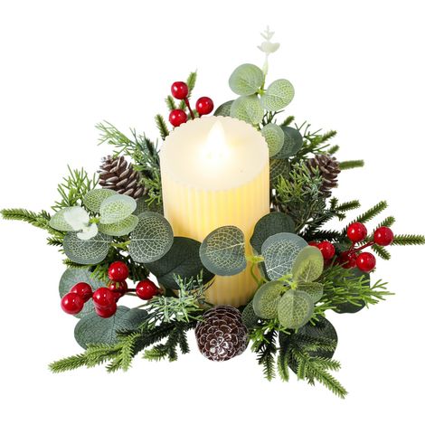 Corona navideña para vela artificial, pequeña corona de plástico con hojas de eucalipto, bayas rojas y piñas. (1/5)