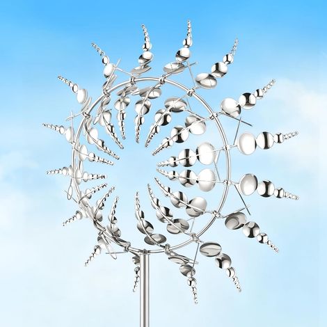Magic Windmill, 3D Unique Metal Windmill 360° Dual Rotors Kinetic Wind Spinner 30 cm Wind Chime Sculpture with Double Rotor Wind Metal Catcher Weatherproof for Garden, Patio, Lawn (Silver) (1/5)