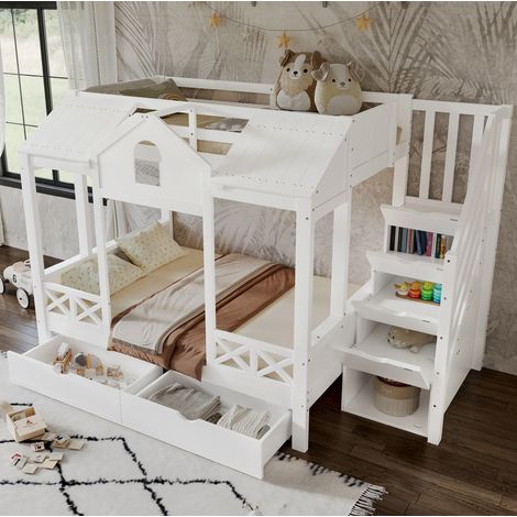 Etagenbett 254,5/145/170 cm weiß aus Kiefer und MDF mit Treppenschrank und 2 Schubladen (1/5)