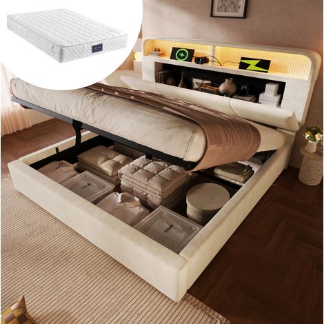 Lit double coffre 160x200 cm en velours beige avec tête de lit réglable, LED, USB/Type-C, sommier à lattes et matelas (1/5)