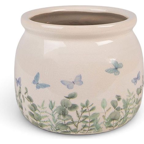 Pot de fleurs rond beige céramique papillons 12x10cm (1/4)