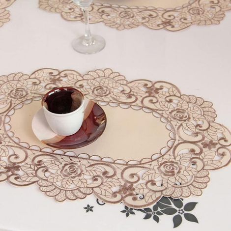 Nappe ovale brodée dentelle florale blanc satin 30x45 cm