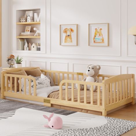 Cama infantil baja 90 x 200 cm con barreras, apertura central, pino natural OKMYHOME (1/5)
